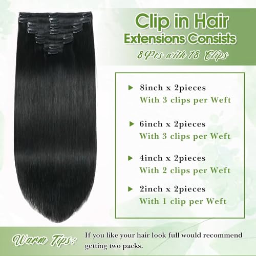 Human Hair Clip in Extensions Real Human Hair Clip-in Jet Black Hair Extensions 16inch/65g Clip ins 100% Brazilian Remy Human Hair for Women Straight Soft Hair 8pcs Double Weft