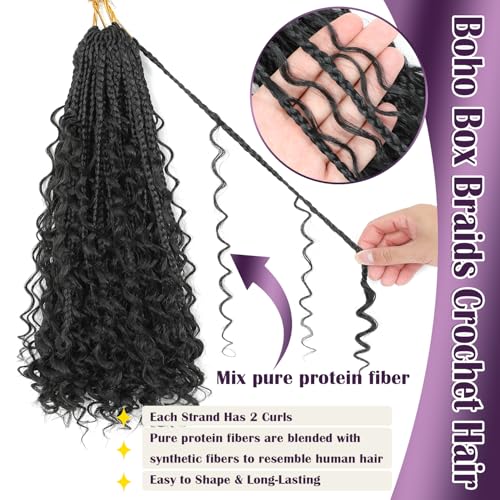 10 Packs Boho Crochet Braids Close to Human Hair Mix Protein Fiber 24 Inch Goddess Box Braids Crochet Hair Pre Looped Bohemian Box Braid with Curly Ends for Women Hair Extensions 1B