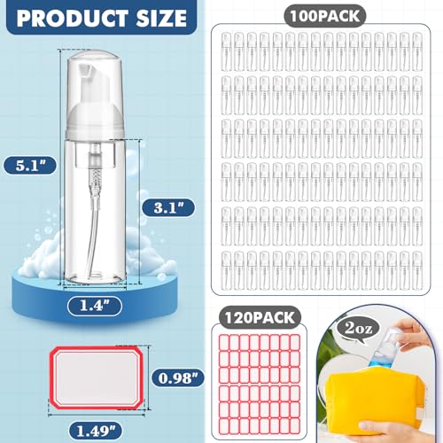 100 Pcs 2 oz Plastic Foam Pump Bottle Refillable 60ml Travel Mousse Foaming Soap Dispenser Mini Eyelash Cleaning Foam Bottle Dispenser for Face Wash Lash Shampoo Skin Care