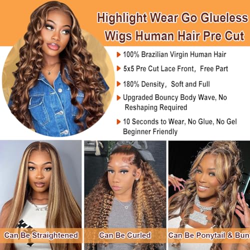 Ombre Highlight Lace Front Wigs Human Hair Honey Blonde 5x5 Pre Cut Lace Front Wigs Human Hair 5x5 HD Lace Closure Wigs For Women 4/27 Glueless Bouncy Body Wave Lace Frontal Wig 180 Density 28 Inch