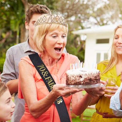 "70 & Fabulous"Sash & Rhinestone Tiara Set, Black Gold 70th Birthday Gifts for Women, Birthday Sash/Tiara for Women's 70th Birthday Party Decoration (Black 70th)