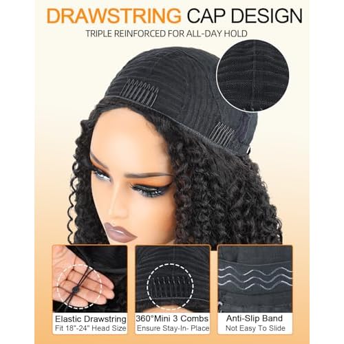 Curly Half Wig Human Hair Upgrade 3 IN 1 Human Hair Half Wig With Drawstring, Beginner Friendly Flip Over Afro Kinky Curly Wig Human Hair No Glue No Lace Wig For Black Women 200% Density 16 Inch