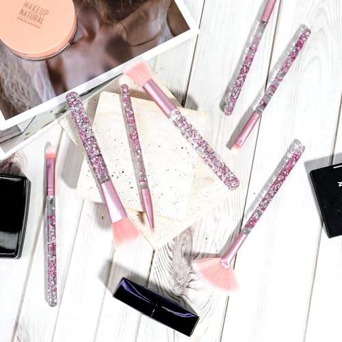 7 PCS Makeup Brushes, Crystal Sparkles Cute Fan Blush Foundation Powder Lip Highlight Eye Shadow Eyebrow Concealers Brush Set with Sequins Handle Professional Make up Blending Brush Pack for Girls