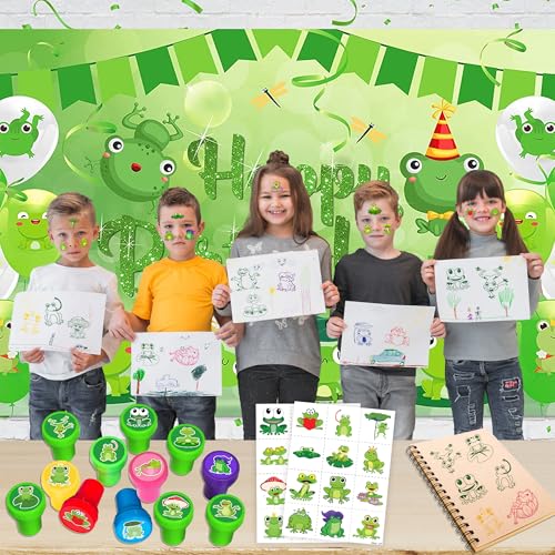 36PCS Frog Party Favors - 24PCS Pre-Cut Temporary Tattoos & 12PCS Stamps - Ideal Animal Frog Princess Themed Birthday Card Decorations Supplies Goodie Bag Cute Rewards for Boys Girls Classroom Gifts