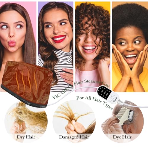 VICARKO Hair Steamer for Deep Conditioning, 10-Level Heats Up Quickly, 118¡± Power Cord, Heating Cap Hot Oil Treatment Heat, Electric Thermal Heated Steam for Natural Black Hair, Leaf Print