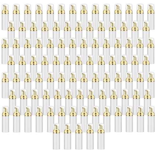 2 Oz Empty Foam Pump Bottle (100 PCS) Travel Foaming Soap Dispenser for Hand Soap, Lash Shampoo Cleanser (White&Gold Pump&Clear Cap)