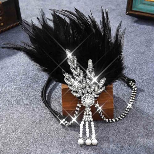 GORTIN 1920's Flapper Feather Headband Art Deco Headpiece Inspired Leaf Medallion Pearl Headband