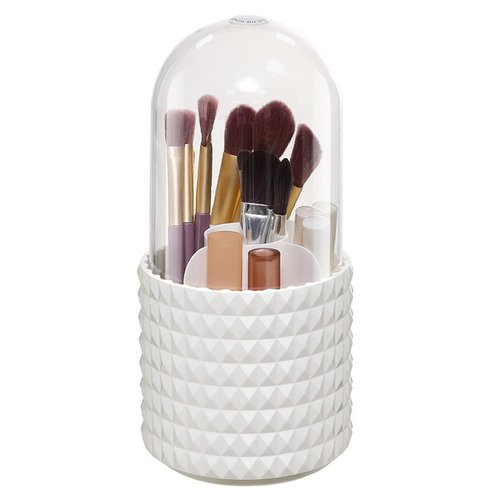 Makeup Brush Holder Organizer with Lid,360° Rotating Dustproof Make Up Brushes Container with Clear Acrylic Cover, Spinning Cosmetics Holders Storage Cup with 5 Compartment for Vanity and Bathroom