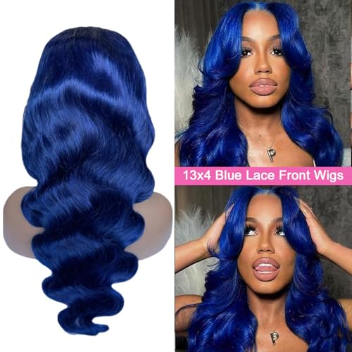 30 Inch Dark Blue Lace Front Wigs Human Hair 180% Density 13x4 HD Transparent Body Wave Lace Frontal Human Hair Wig Blue Glueless Colored Wigs for Women