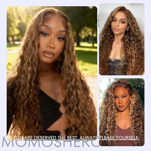 Highlight Honey Blonde Curly Bundles With Frontal 14 16 18+14 Inch, Water Wave 4/27 Ombre Color Bundles 13x4 Closure Ear to Ear Melt Lace, 100% Virgin Human Hair Wet And Wavy Brown Weave With Frontal