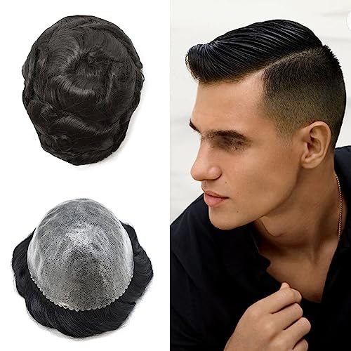 Toupee for Men Full Poly Hair Replacement System European Human Hair Mens Toupee 0.1mm Durable Skin PU Injection Men Hairpiece Mens Hair Units Implants 8X10"-120% Density-#1B Natural Black