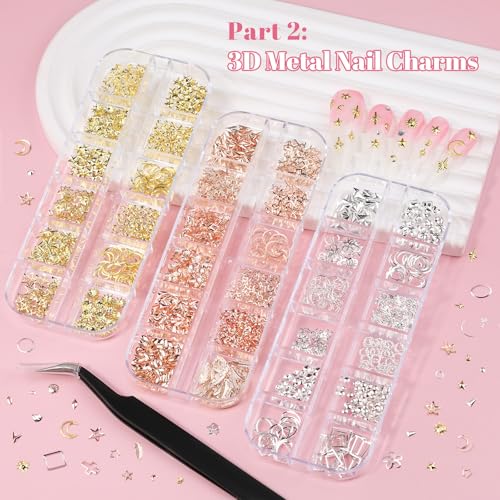 12 Boxes Nail Art Kit with Nail Charms, Gems, Rhinestones & Studs - Flatback Rhinestones, 3D Gold/Silver Charms, White Half Pearls, Pink Flower Charms, Star/Butterfly Sequins + 4 Tools for DIY Crafts