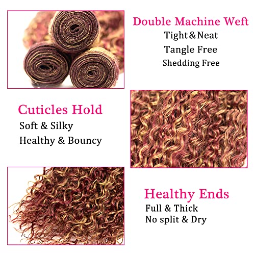 Burgundy Human Hair Bundles - Deep Wave Brazilian Unprocessed Virgin Hair - 22 24 26 Inch Red Highlight 99j Hair - 3 Bundles Set