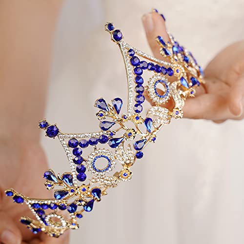 Wekicici Baroque Queen Crown Blue Crystal Tiara Rhinestone Princess Wedding Headband for Women Birthday Pageant Party(Blue)