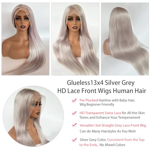 13x4 HD Lace Front Wigs Human Hair Silky Straight Glueless Gray Human Hair Wig 30 Inch Long Layered Grey Frontal Wigs Human Hair HD Lace Pre Plucked Silver Human Hair Wigs for Women 180% Density