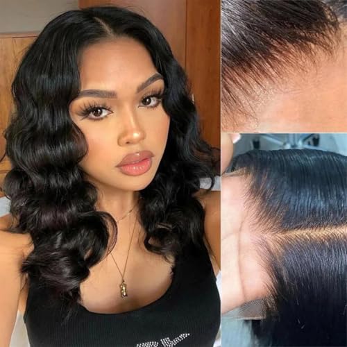 Loose Deep Wave Lace Front Wigs 100% Human Hair Pre Plucked Pre Cut Body Wave 4x4 Transparent Lace Closure Wigs Wear and Go Glueless Wig for Black Women Body Wavy Curly Wig Natural Color 16 Inch