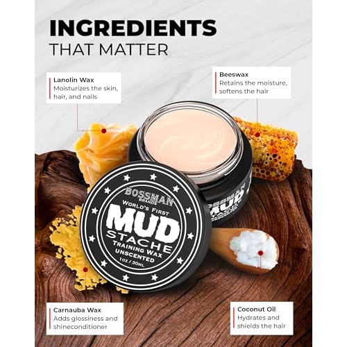 Bossman MUDstache Mustache Wax for Men + Acetate Folding Mustache & Beard Comb ? Unscented Styling and Grooming Kit