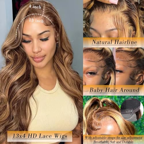 Azkiu Highlight Ombre Lace Front Wig Human Hair 13x4 HD 4/27 Honey Blonde lace frontal Wigs Pre Plucked with Baby Hair 150% Density Colored Body Wave Lace Front wig Human Hair Natural Hairline 14Inch