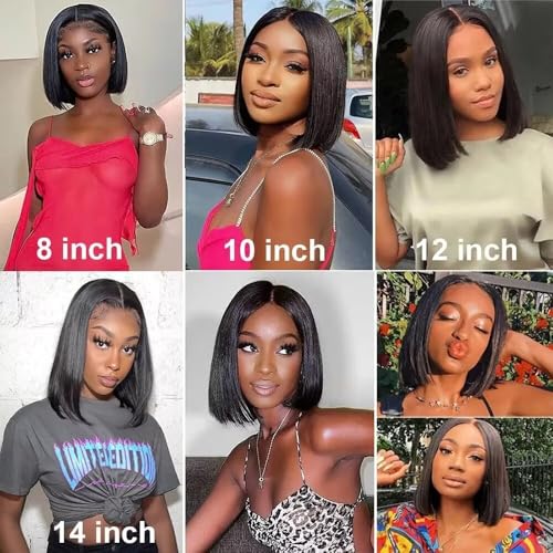 Blunt Cut Bob Wig Brazilian Hair Straight Bob Natura Color Lace Front Human Hair Wig Pre Plucked Pixie Cut Short Bob Virgin Hair 13x6 HD Transparent Invisible Lace Wig 150% Density 8inch