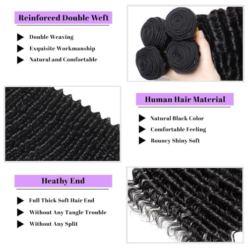 20 22 24 Inch Deep Wave Human Hair Bundles 100% Unprocessed Brazilian Virgin Hair, 3 Bundles, Deep Curly, Black,Sew-In Installation, Wavy Style Keep Texture Silky Soft