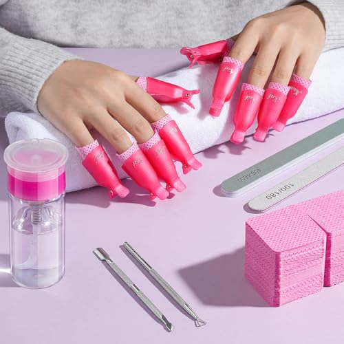 TsMADDTs Gel Nail Polish Remover Tools Kit with 540 Lint Free Wipes, 10 Soak Off Clips, 100ml Nail Polish Remover Bottle, Cuticle Pusher/Peeler, File, Buffer Block