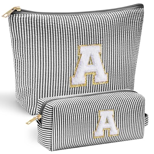 YOOLIFE Initial Makeup Bag - Personalized Monogrammed Travel Toiletry Bag, Perfect for Teens, Weddings, and Preppy Styles - Black