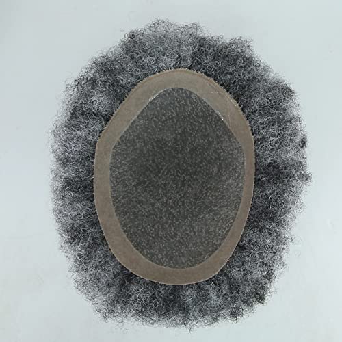 ZigZag Hair Afro Toupee for Black Men 1B Mix 50% Grey Fluffy Explosion Tight Afro Curly Mens Toupee Human Hair Short Hair Mono with PU Men's Wig 8x10inch Mens Hair Systems Hairpiece (1B Mix 50% Grey)