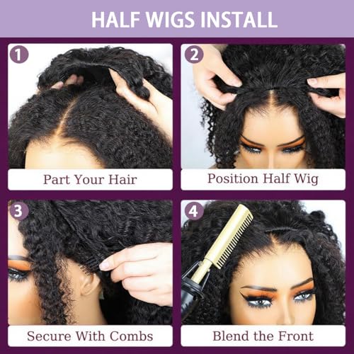 22Inch Water Wave Half Wig Human Hair 220% Density 3 In 1 Seamless Flip Over with Adjustable Drawstring Beginner Friendly Curly Wig Human Hair Wear and Go Glueless Wigs Half Wigs for Black Women