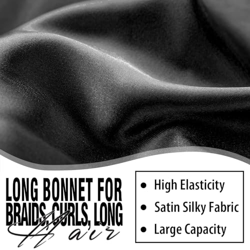 2Pcs Bonnets for Women Sleeping Braid Bonnet, Large Long Satin Silk Bonnet for Braids, Black Women Braid Bonnets with Stretchy Tie Band for Sleeping Extra Long (Black & Purple Pattern)