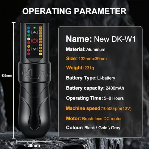 DKLAB New DK-W1 Wireless Tattoo Pen Gun Kit Machine with 2 pcs 2400 Batteries Power Supply Loaded Customized Brush-less Motor for Permanent Make Up Artists (Gold, 3.5mm Stroke)