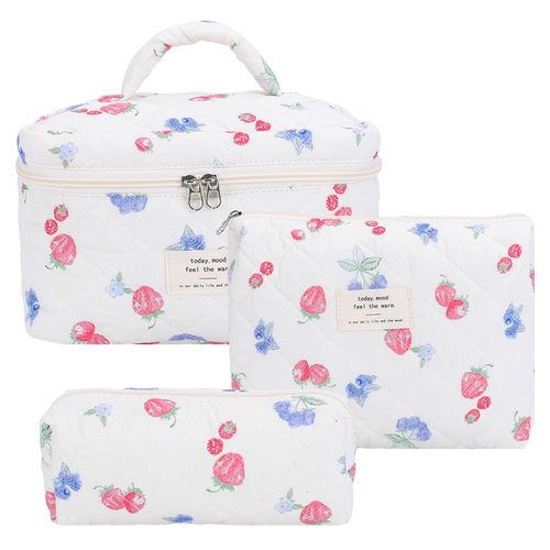 Quilted Makeup Bag Set 3 Pcs Cute Strawberry Makeup Bags For Women Large Aesthetic Floral Cosmetic Bag Coquette Cotton Makeup Pouch