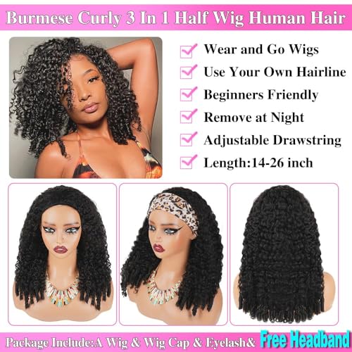 Burmese Curly Half Wig 18 Inch 200 Density Seamless Flip Over Wig Glueless Human Hair Curly 3 In 1 Half Wigs Wear and Go Drawstring Headband Wig for Women Beginner Friendly
