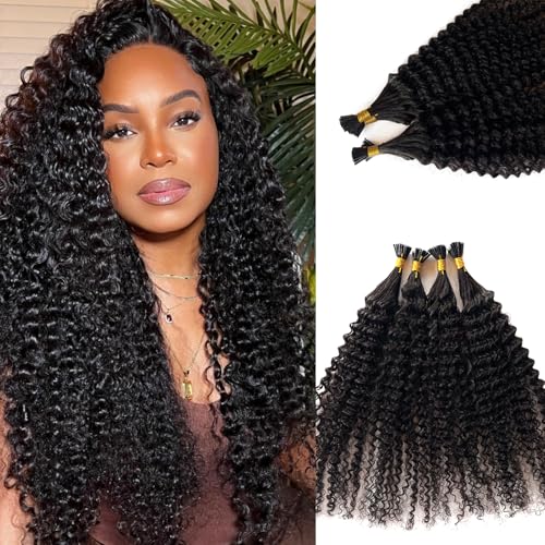 I Tip Hair Extensions Human Hair Kinky Curly Natural Black Hair Extensions Real Human Hair Pre Bonded Keratin Cold Fusion Curly Hair I tip Extension for 3C 4A Hair Black Women 100 Strands 14 Inch