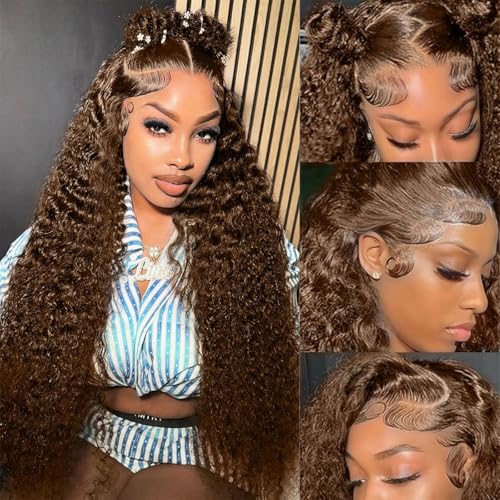 Chocolate Brown Lace Front Wigs Human Hair 13X6 Deep Wave Lace Front Wigs Human Hair Pre Plucked 180% Density HD Transparent Lace Frontal For Women Colored Deep Curly (Chocolate Brown, 32 Inch)