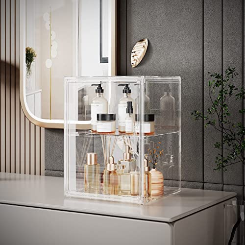 2Pack Makeup Organizer Storage, Large Capactiy Acrylic Bathroom Organizer, Clear Cosmetics Organizer Bins with Division Board for Vanity, Skincare, Countertop Storage and Display Case