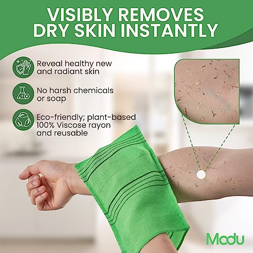 Modu Korean Exfoliating Mitts Large 4PCS (Green, Yellow, Sky Blue, Pink) ? Exfoliating Gloves Body Scrubber Italy Towel Washcloth for Korean Spa at Home, Dead Skin Remover, 100% Vegan Viscose