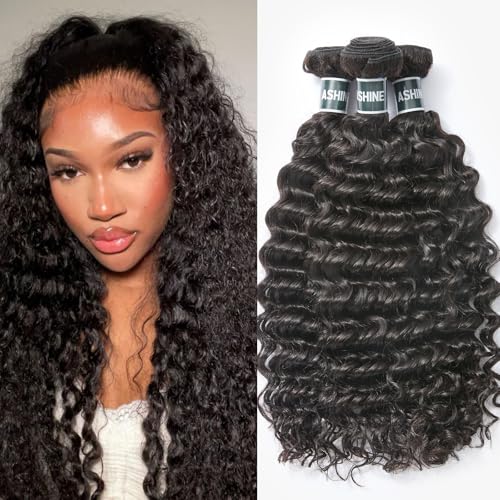 ASHINE Human Hair Bundles Deep Wave Unprocessed Cambodian Raw Hair 16 18 20 Inch, Flip Over Quick Weave Wet and Wave Bundles for Women Natural Black
