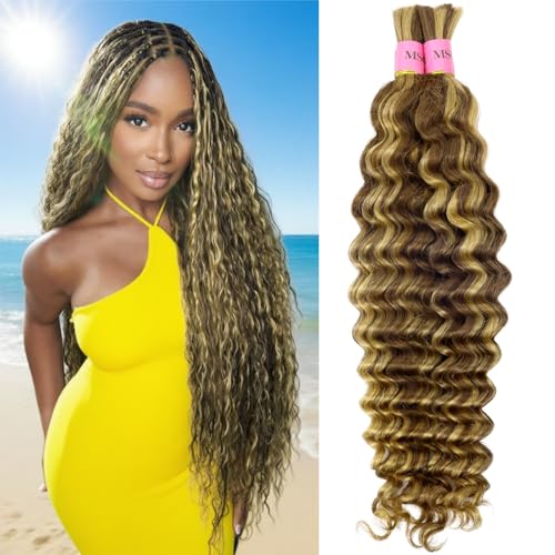 4/27# Human Braiding Hair for Boho Braids 100g Color 4/27# Bulk Deep Wave Human Hair for Braiding Ombre Blonde Brown Highlight 100% Brazilian Human Hair 22inch for Boho Braids 12A