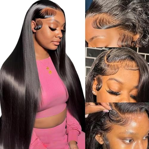 Straight Lace Front Wigs Human Hair Pre Plucked 200 Density 13x4 HD Transpatent Human Hair Wigs for Black Women Straight Lace Frontal Wigs Natural Color (32inch)
