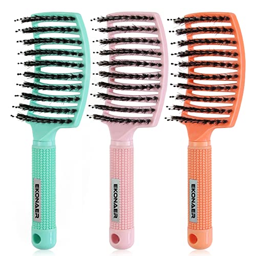 3 Pack Vented Quick Drying Massage Blow Detangler Brush,Boar Bristle Hair Brush Set-Curved,Detangling Hair Brush for Women Long,Thick, Thin, Curly(Green)