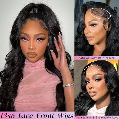 32 Inch Body Wave Lace Front Wigs Human Hair 200 Density 13x6 HD Lace Frontal Wigs Human Hair Glueless Full Lace Front Wigs Pre Plucked Body Wave Wigs for Women Natural Black