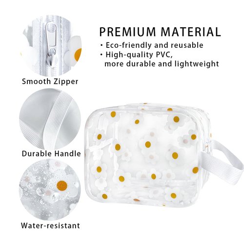 TotePrint Clear Daisy Printed Cosmetic Bag and Travel Pouch 9.4''x6.69''x3.5'' with Handle-Durable PVC Material,Versatile,Zipper Design for Smooth Sliding-Ideal for Makeup (White Floral#2-M)