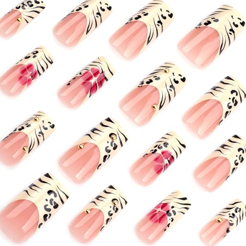 Leopard Print French Tip Press on Nails Long Square Fake Nails with 3D Gold Pearl Designs Glossy Red Flower Full Cover Glue On Nails Reusable Coffin Autumn Winter False Nails for Women 24Pcs