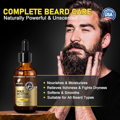Biotin Beard Growth Oil for Men - Vitamin B5 & Castor Oil Formula, Promote Thicker Fuller Beard, Daily Care, Styling & Taming, Hydrating, Lightweight Non-Greasy, Vanilla 2oz Gift for Him