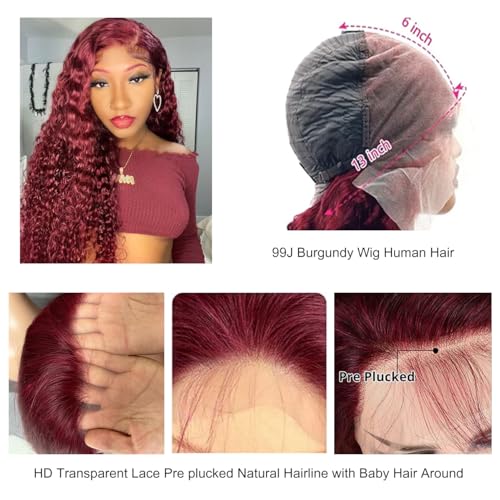 30 Inch Burgundy Wig Human Hair 99j Burgundy 13x6 Deep Wave Lace Front Wigs Human Hair Pre Plucked HD Transparent Lace Frontal Wigs for Black Women Red Colored Wig