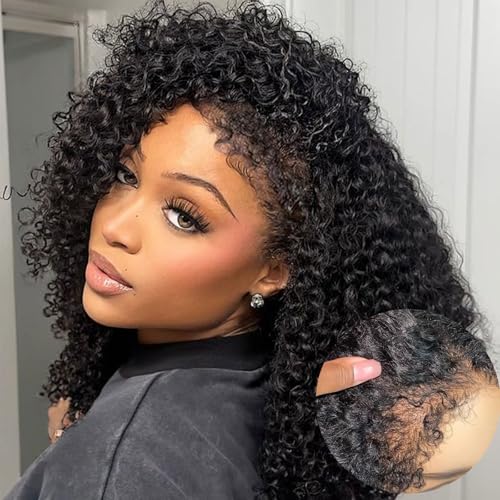 4C Edges Kinky Curly Lace Front Wigs Human Hair 13x4 HD Transparent Lace Frontal Wigs with Curly Edges Baby Hair 200% Density Deep Wave Curly Wig Pre-Plucked Hairline (18Inch Natural Black)