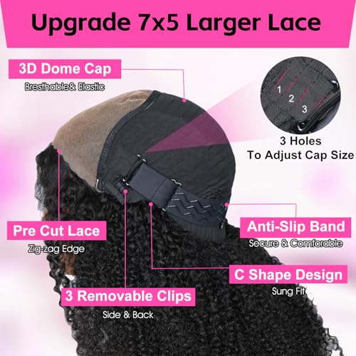 V SHOW Afro Kinky Curly Wear and Go Glueless Wigs Human Hair Pre Plucked Pre Cut 7x5 HD Lace Front Wigs Pre Bleached Bye Bye Knots 180% Density Afro Curly Lace Closure Wig Human Hair for Women 20 Inch