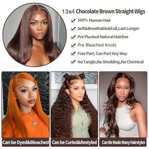 Chocolate Brown Wigs Human Hair Pre Plucked Brazilian Unprocessed Straight 13x4 HD Lace Frontal Wigs with Baby Hair Colored Glueless Wigs for Women (Chocolate Brown,28 Inch)