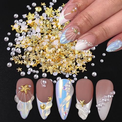 100Pcs Starfish Nail Charms and Gems Summer Ocean Style Nail Art Charms Alloy Seashell Nail Rhinestones Flat Back Pearl Nail Art Rhinestones for Women Beach Vacation Nail Designs Supplies