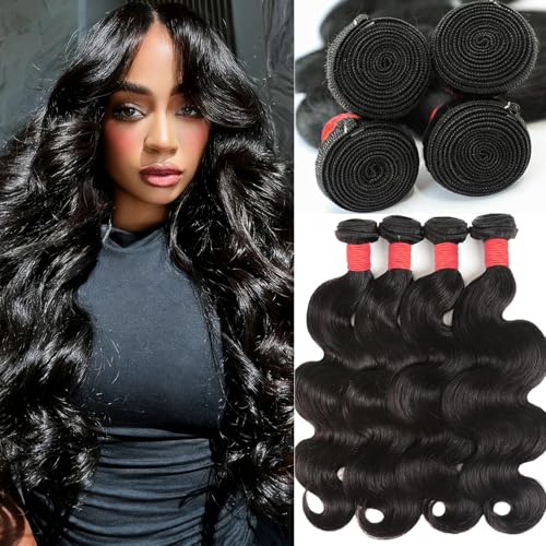 Human Hair Bundles 20 22 22 24 Inch Body Wave Bundles Human Hair 100% Unprocessed Brazilian Virgin Human Hair Extensions for Women Natural Color